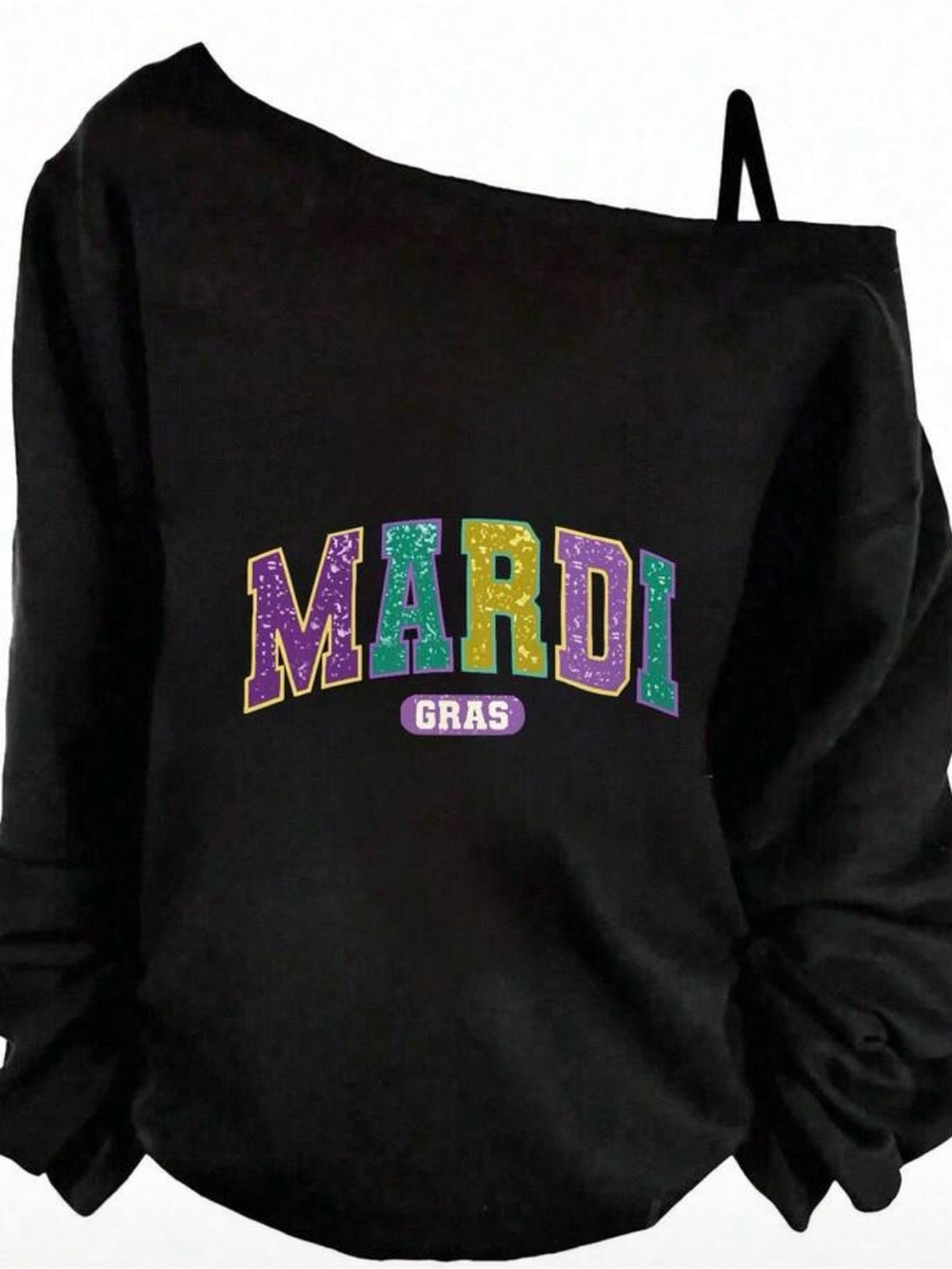 Black Off-Shoulder Sweatshirt with Mardi Gras Graphic